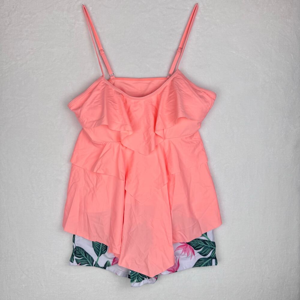NWOT Neon Orange Ruffle Tankini with Floral Boyshorts Size Large